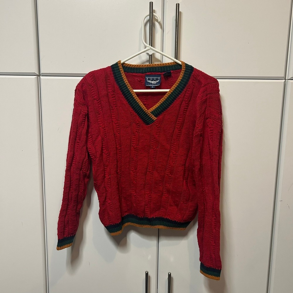 Vintage Best American Clothing Co Red Cable Knit V-Neck Sweater Striped Trim S